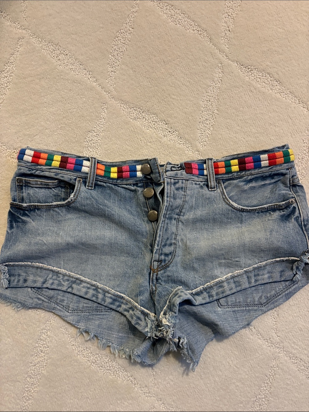 Free People Light Blue Denim Shorts with Rainbow Trim